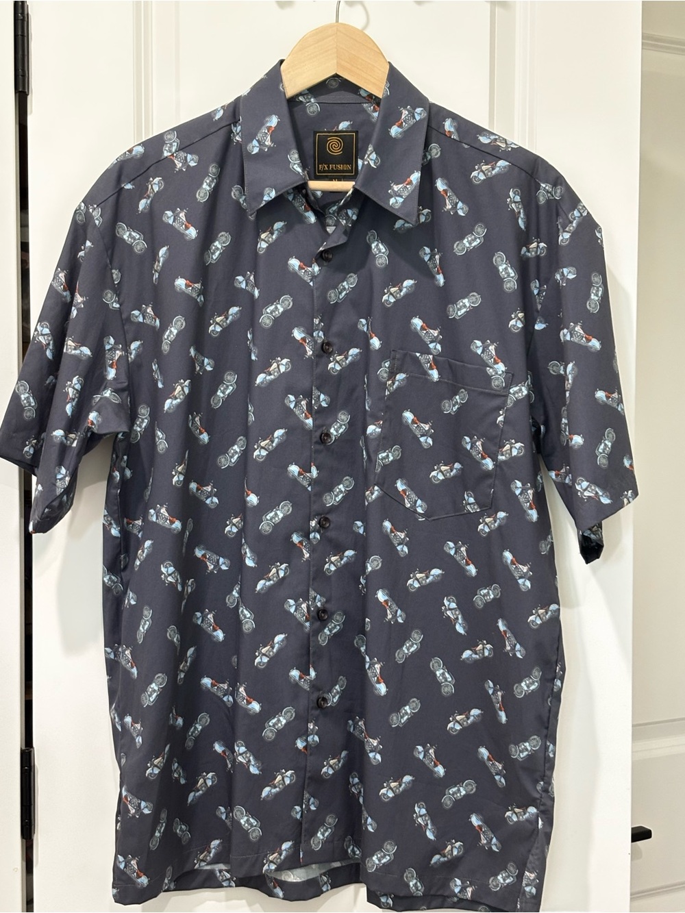 Men's Short Sleeve Button-Down Shirt - Dark Navy Scooter Print
